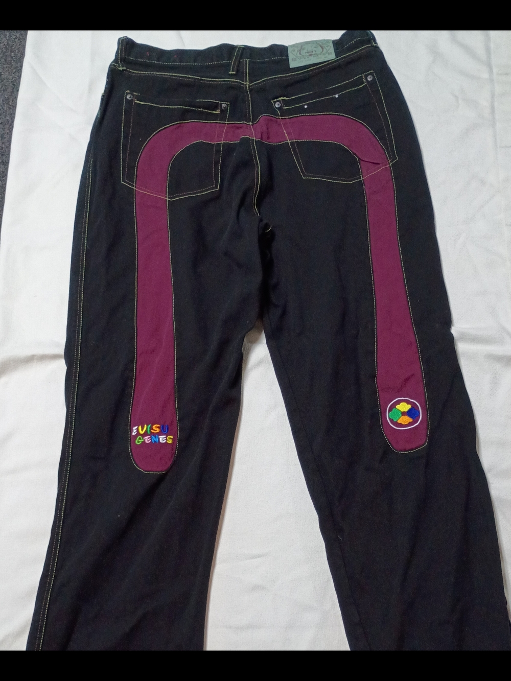 Y2K Vintage Mens Black Jeans with Magenta Back Stripe
